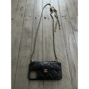 CHANEL Lambskin Quilted iPhone XII Pro Holder With Chain Black